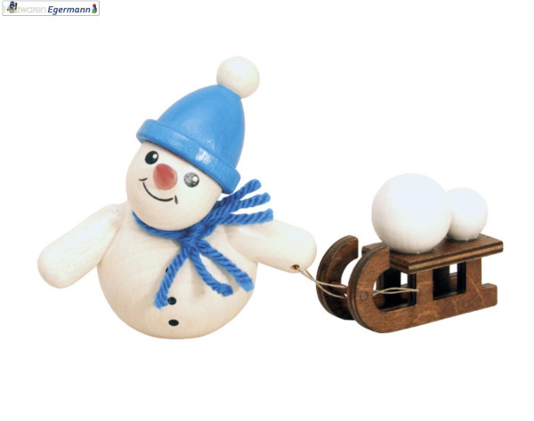 Schneemann mit Schlitten, blaue Mütze, 11 cm Holzwaren Egermann - Made in Germany -