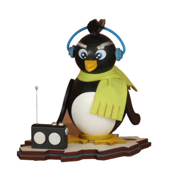 Räucherpinguin auf Eisscholle Ric mit Radio Volkskunst Poller