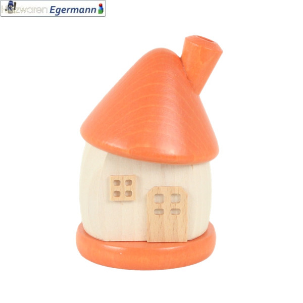 Räucherhaus klein rund, weiß mit Dach orange, ca. 9 cm hoch Holzwaren Egermann - Made in Germany -