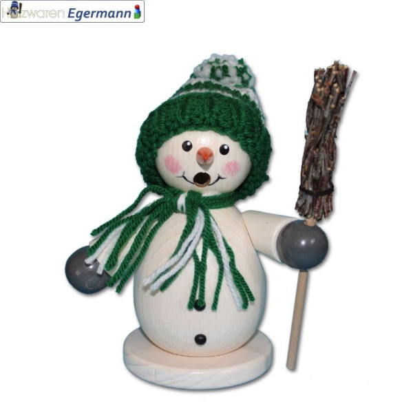 Räuchermann Schneemann mit Besen, grüne Mütze, ca. 15cm Holzwaren Egermann Grünhain-Beierfeld - Made in Germany -