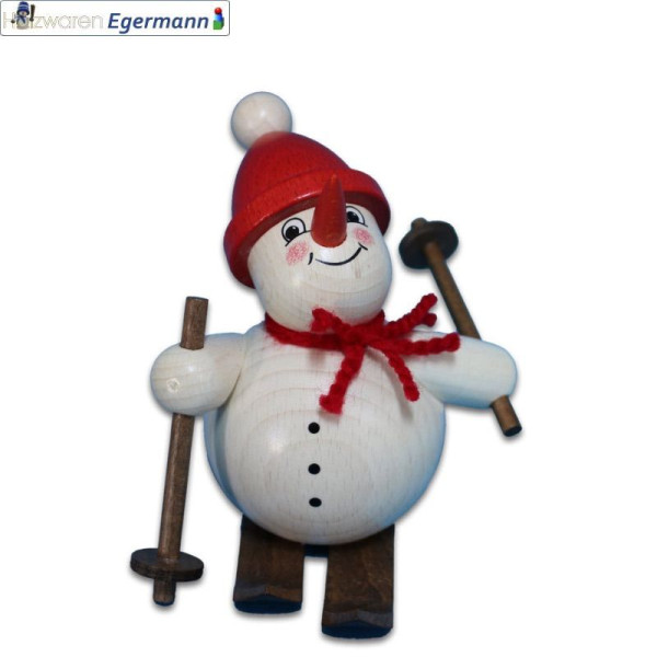 Schneemann auf Ski, rote Mütze, ca. 11cm Holzwaren Egermann Grünhain-Beierfeld - Made in Germany -