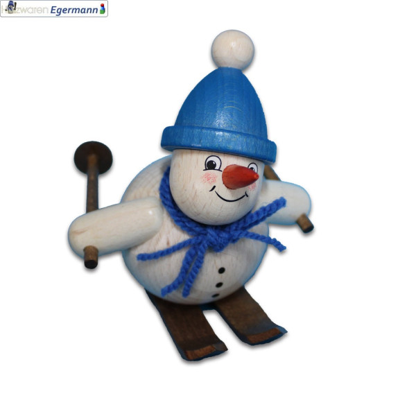 Schneemann auf Ski Abfahrt, blaue Mütze, ca. 11cm Holzwaren Egermann - Made in Germany -