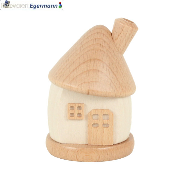 Räucherhaus klein rund, weiß mit Dach natur, ca. 9 cm hoch Holzwaren Egermann - Made in Germany -