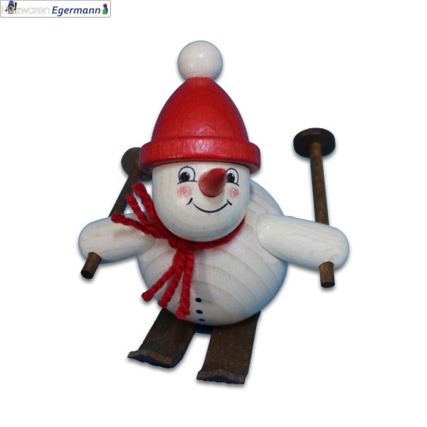 Schneemann auf Ski Abfahrt, rote Mütze, ca. 11cm Holzwaren Egermann - Made in Germany -