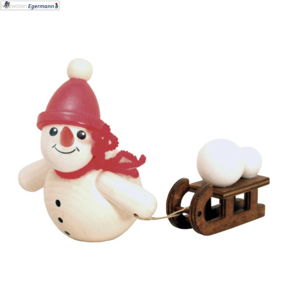 Schneemann mit Schlitten, rote Mütze, 11 cm Holzwaren Egermann - Made in Germany -